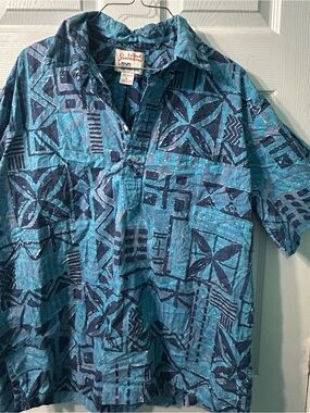 reyn spooner Turquoise and Navy Geometric Hawaiian Button-Down Shirt POPOVER